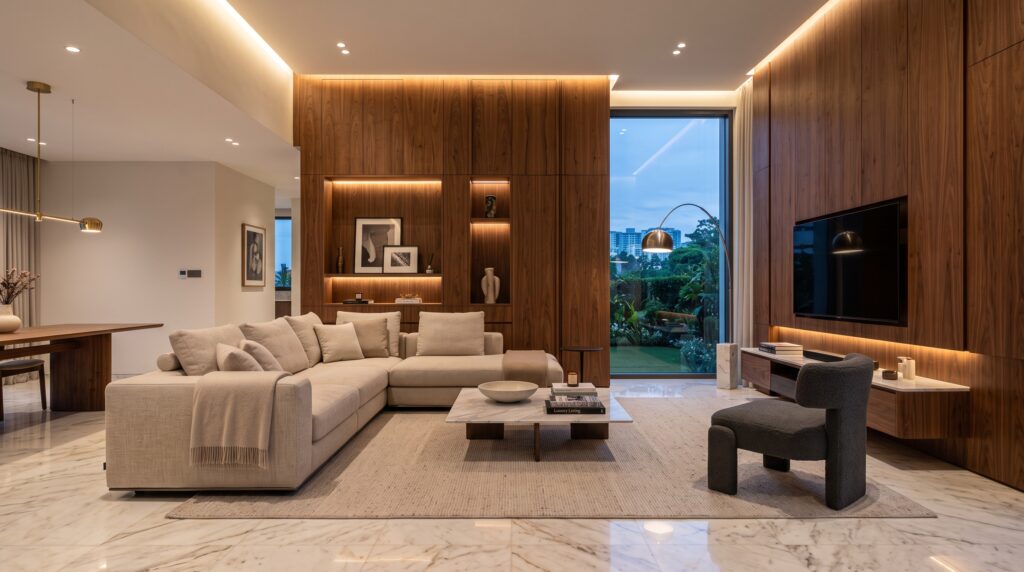 luxury living room walnut wall 202607021205